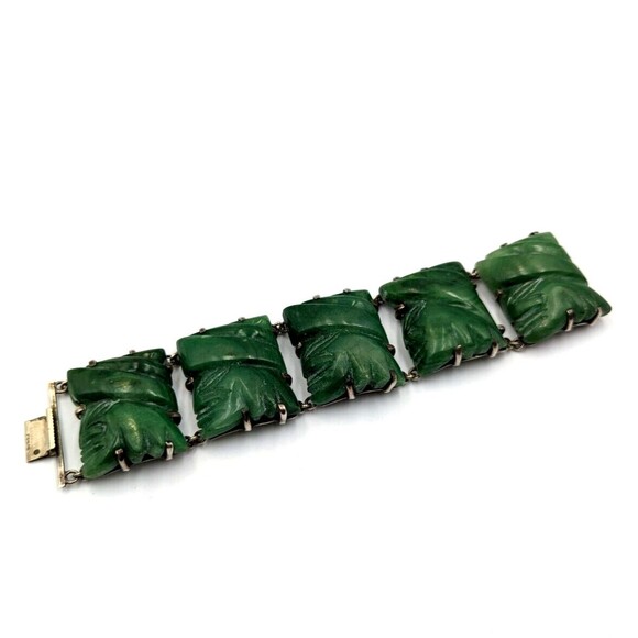 Vintage Sterling Silver 925 Curved Face Green Jade Panels Bracelet 7